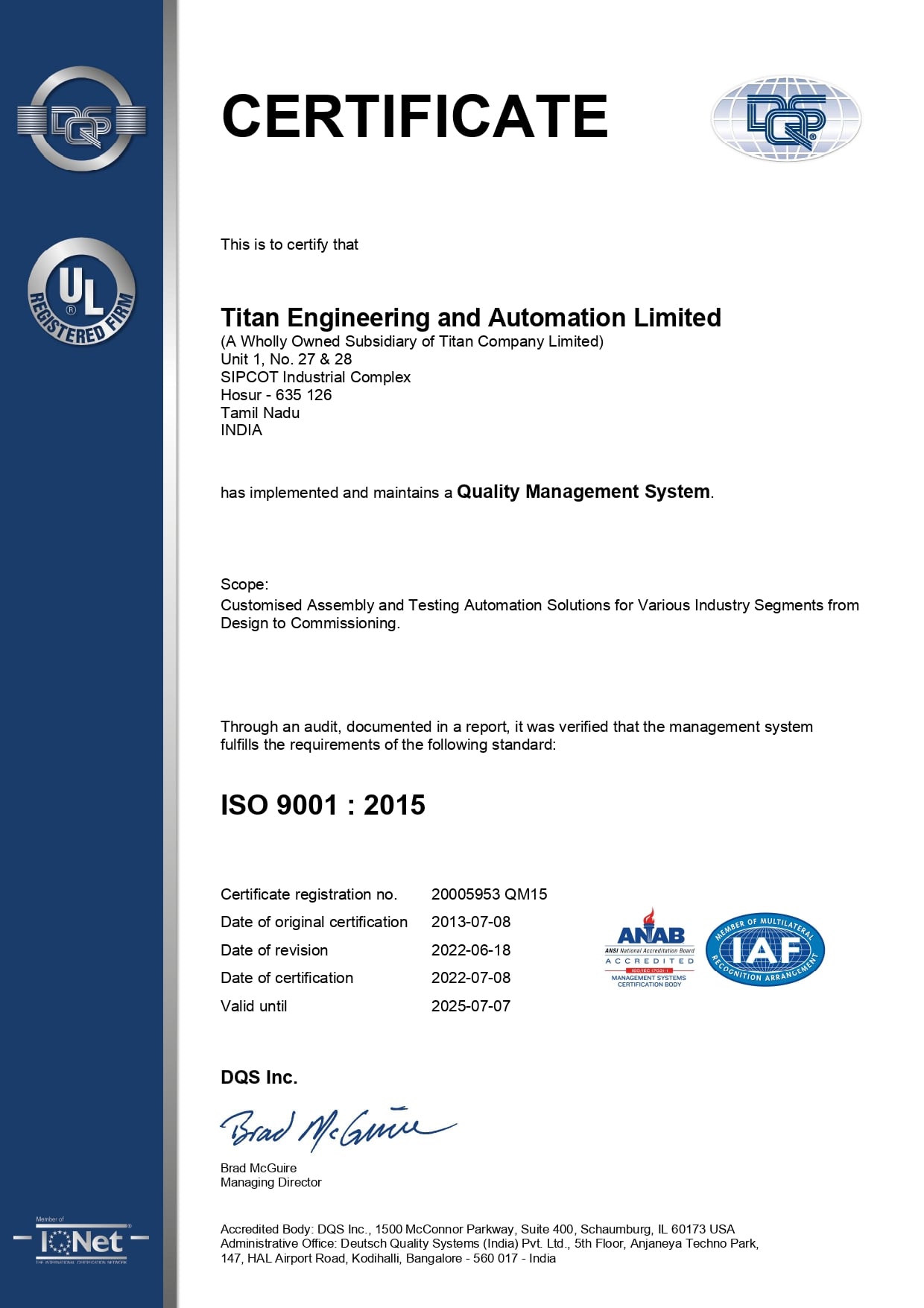 Titan engineering and automation Limited (TEAL) Quality Managment System Certificate