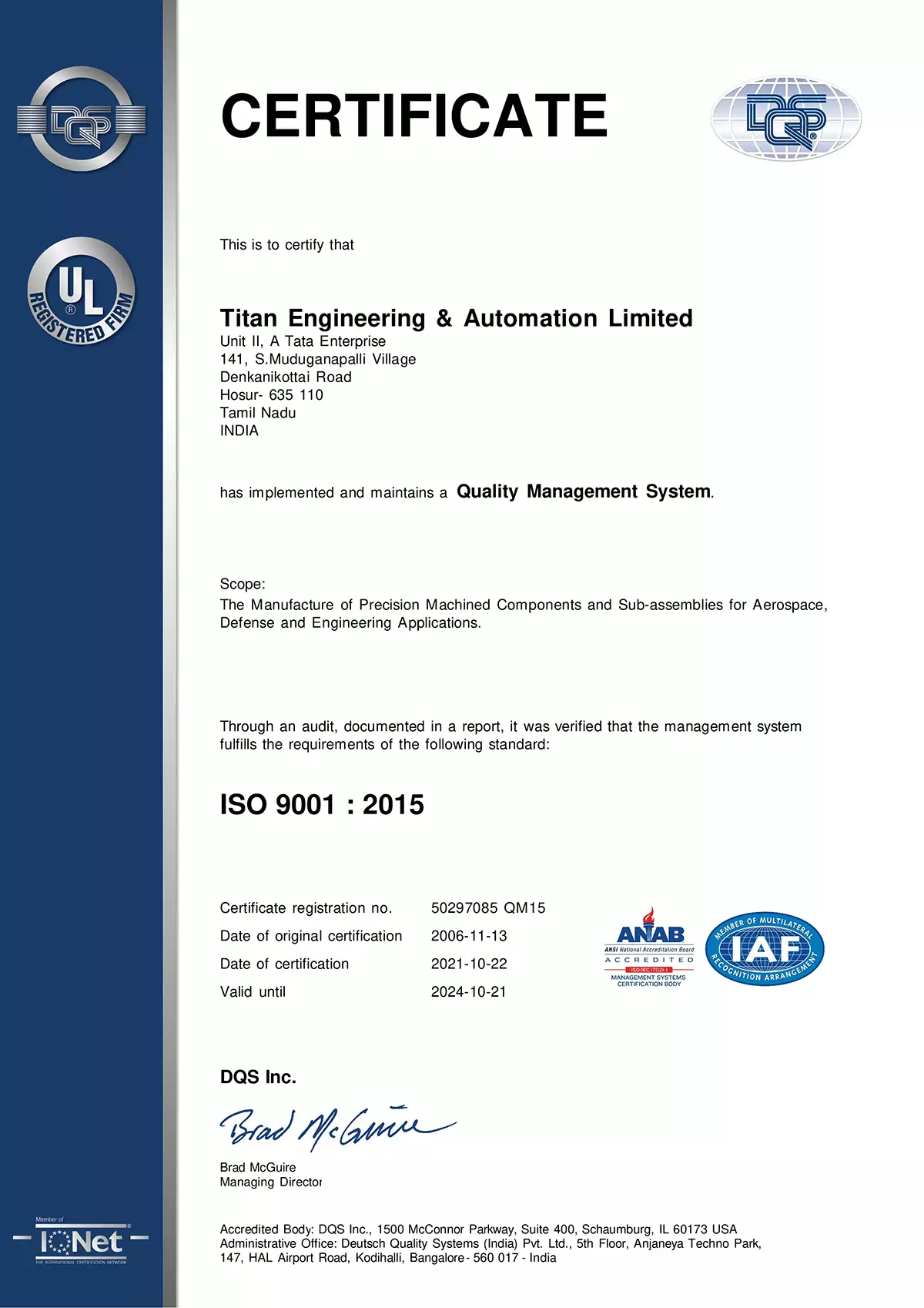 Titan engineering and automation Limited (TEAL) Quality Managment System for Aerospcae and Defence Certificate 