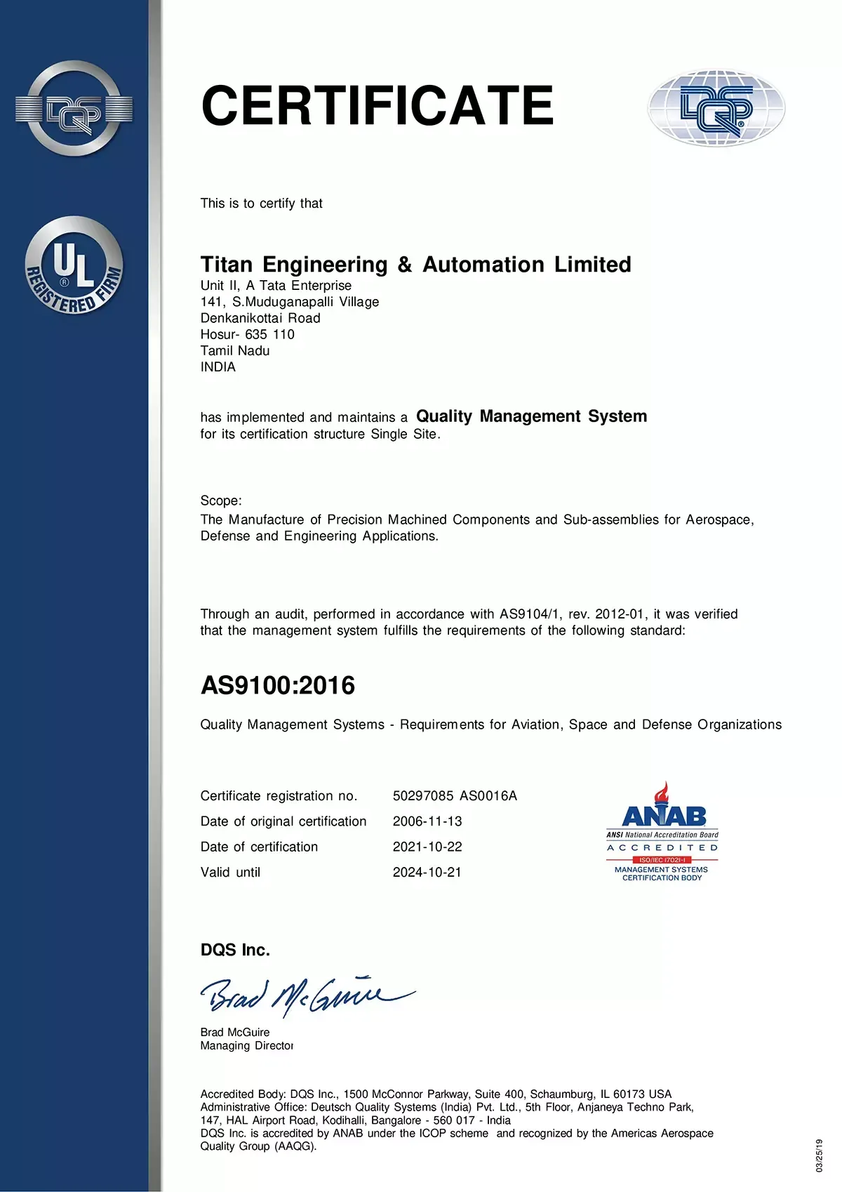 Titan engineering and automation Limited (TEAL) Quality Managment System for Aerospcae and Defence Certificate 
